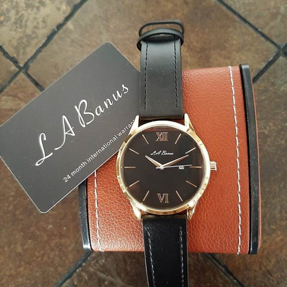 La Banus Men's Roman Numeral Gold & Black Leather Watch